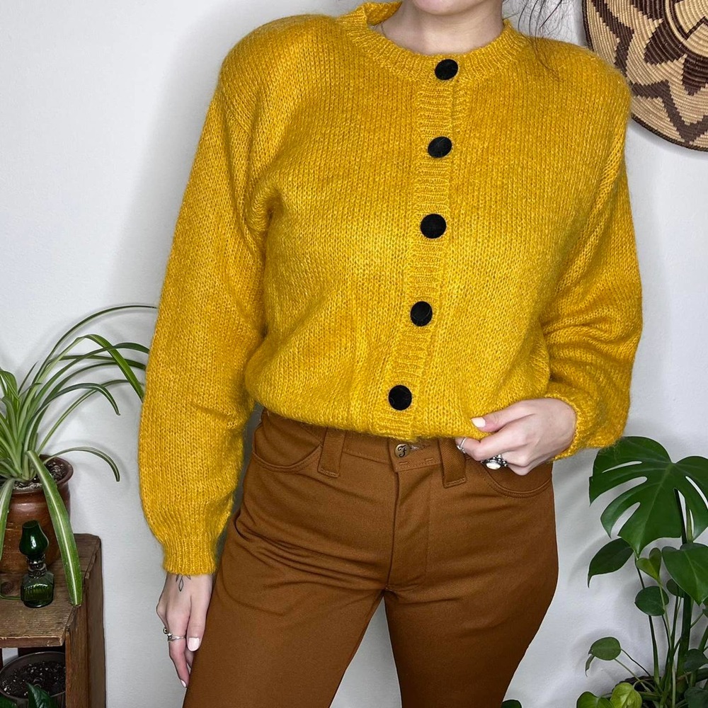 Vintage Mohair Cardigan Yellow Big Shoulder Pads Wool Autograph Medium